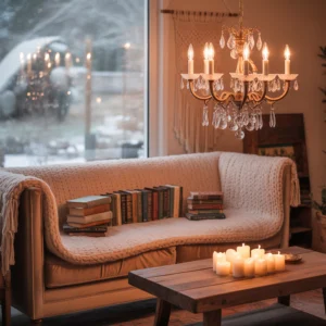 Chandeliers élégants illuminant un salon cosy avec canapé velours, plaids et bougies pour une ambiance chaleureuse