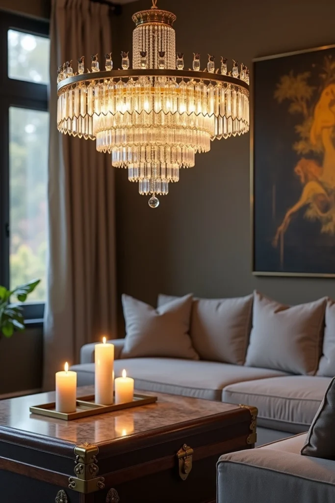 Chandelier vintage Art Déco en cristal et laiton illuminant un salon contemporain