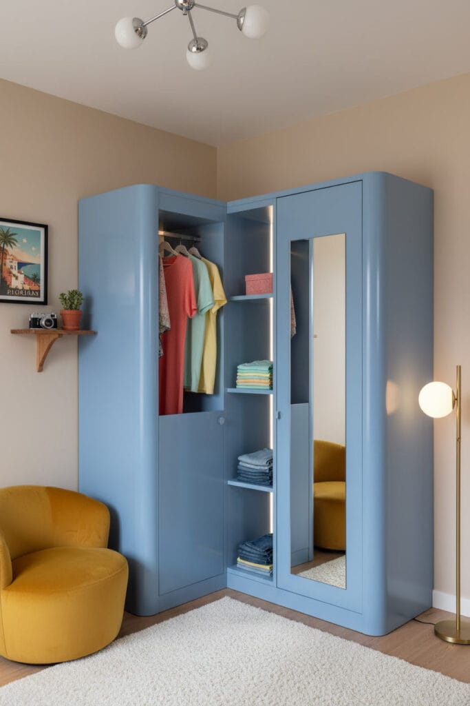 Dressing d'angle rétro-moderne en L en contreplaqué laqué bleu poudre, contrastant avec des murs beige chaud. Portes brillantes, partie ouverte éclairée avec robe corail et t-shirts pastel. Décoration avec fauteuil moutarde, poster vintage et tapis shaggy.