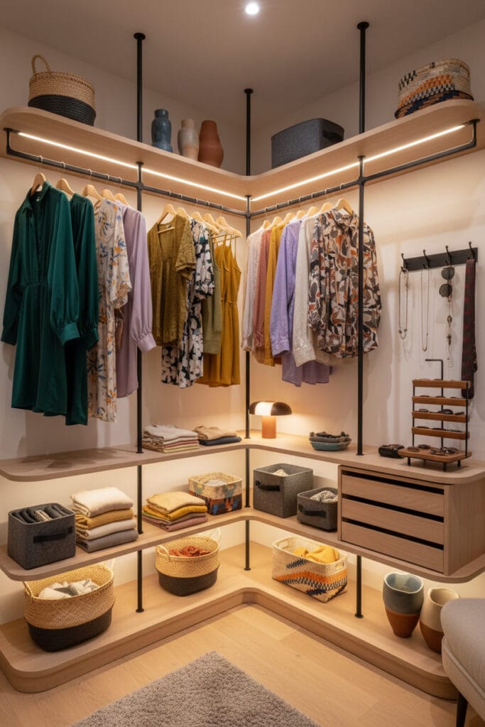Dressing d’angle moderne et éclectique avec organisation optimisée et solutions de rangement intelligentes