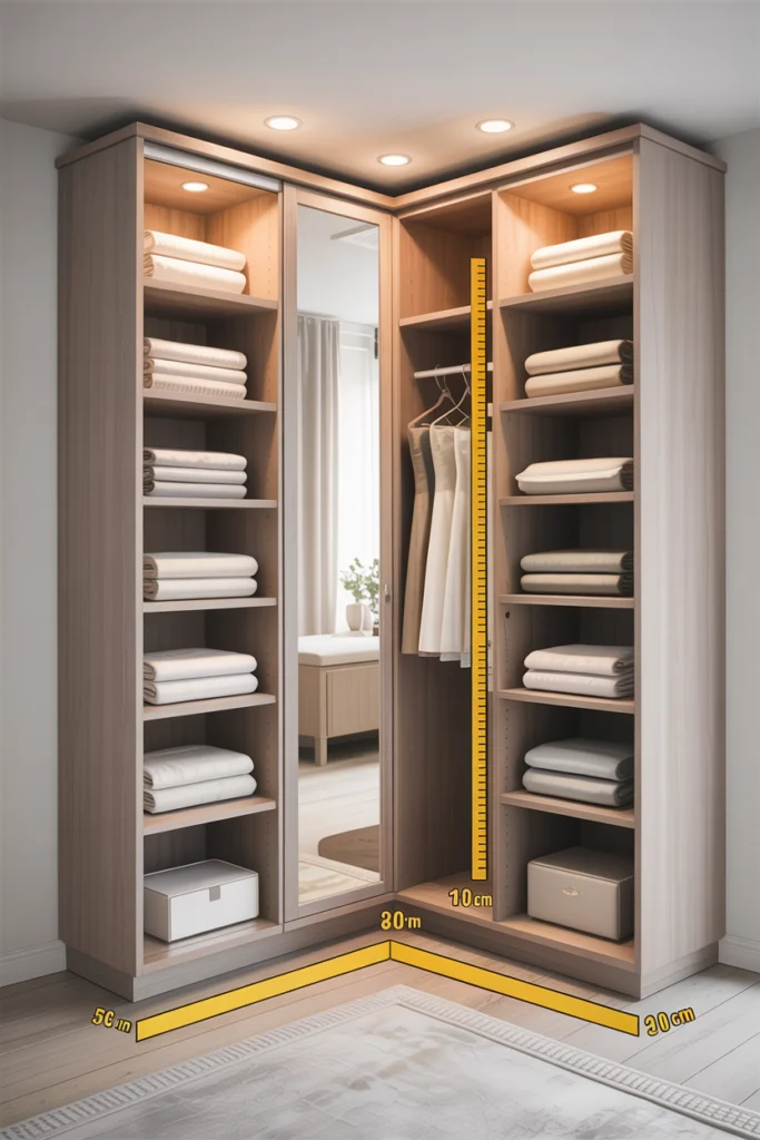 Dressing d'angle avec côtes techniques montrant les dimensions clés (profondeur 30cm, hauteur 120cm)