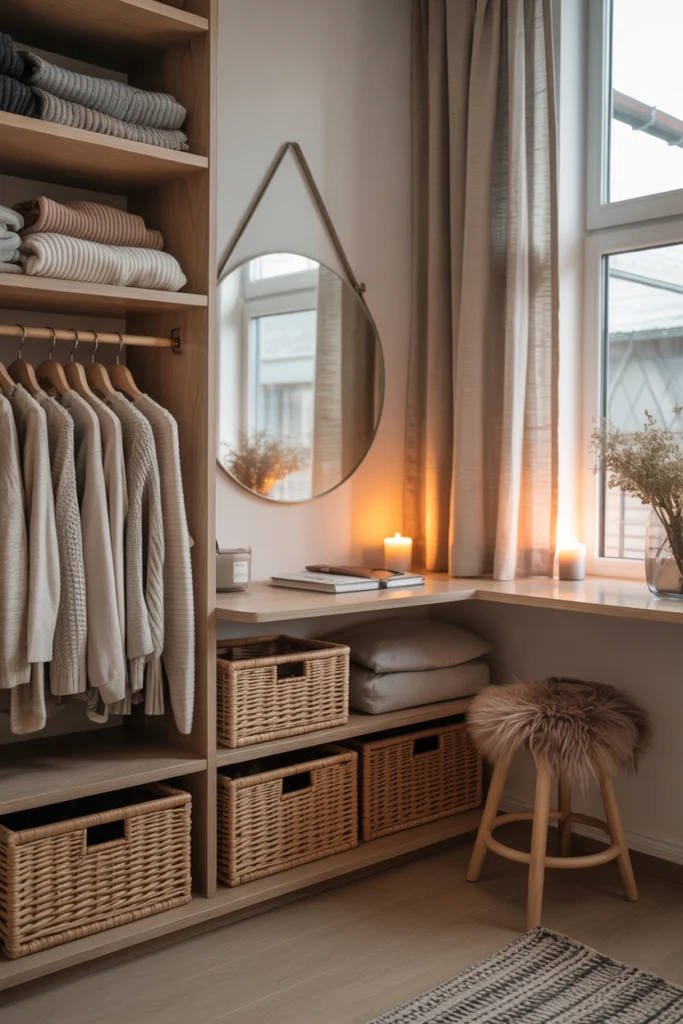 Dressing d'angle scandinave en bois clair avec rangements ouverts et éclairage doux