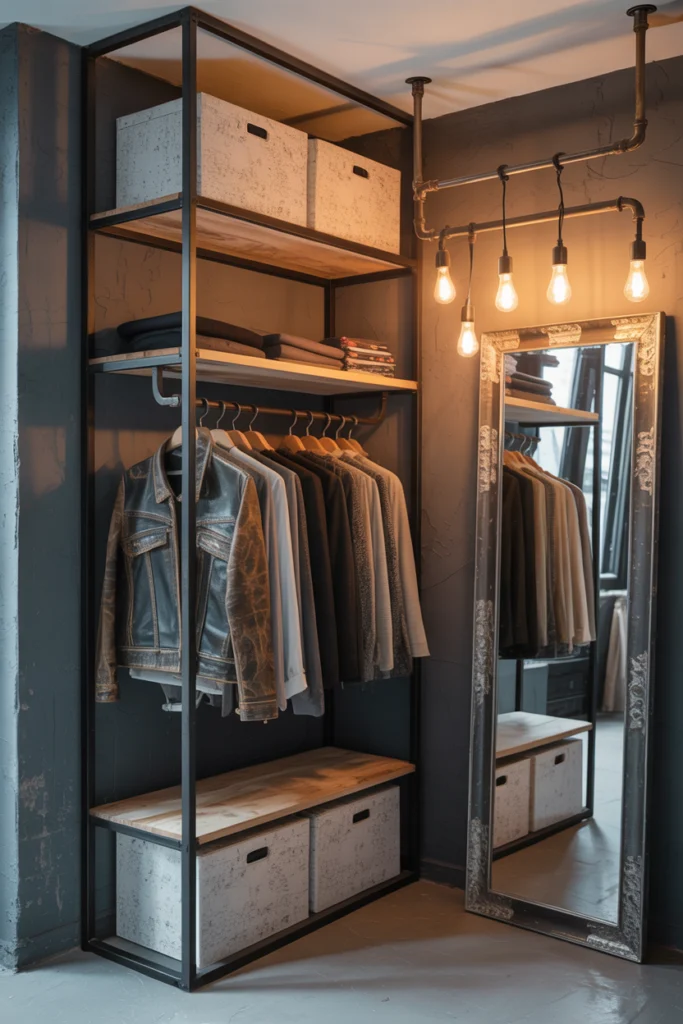 Dressing d'angle style industriel avec structure métal noir, étagères en bois brut et éclairage vintage