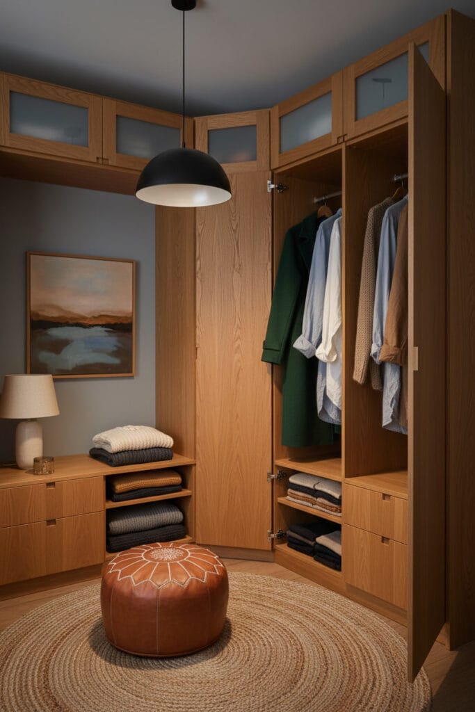 Dressing d'angle en L en chêne massif chaleureux dans une chambre aux murs gris-bleu. Mélange de portes pleines et vitrées dépoli, étagère ouverte avec pulls. Ambiance rustique moderne avec pouf cuir, lampes et tableau abstrait.