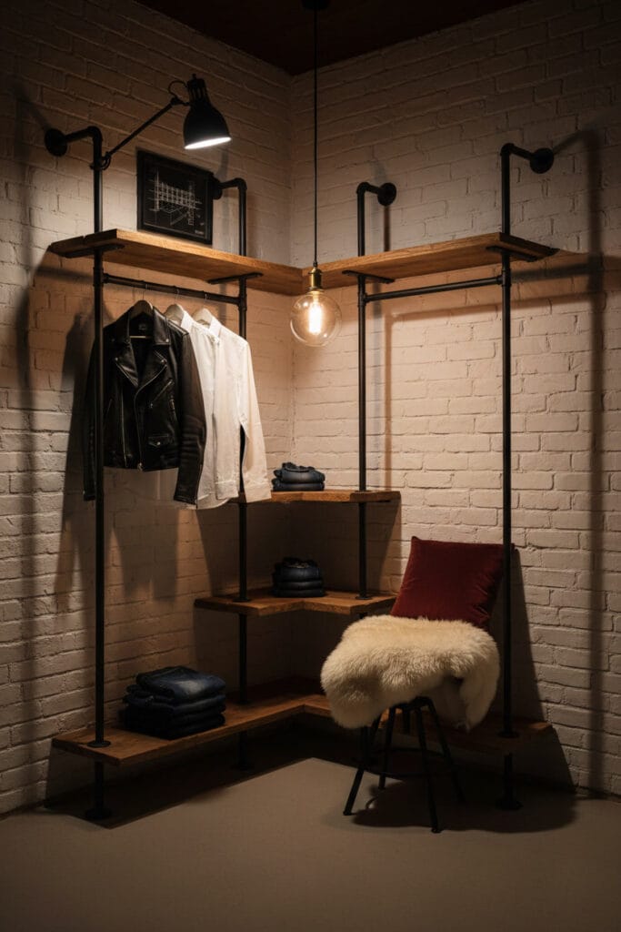 Dressing d'angle industriel en L le soir, avec structure métal noir et étagères en bois brut contre un mur de briques blanchi. Rails à vêtements, éclairage dramatique avec spot et ampoule Edison. Ambiance intime avec peau de mouton et coussin