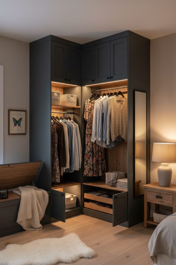 Dressing d'angle moderne fermier en L gris charbon le soir, optimisant un petit espace. Modules hauts, étagères ajustables, double tringle, cintres noirs fins et séparateurs de tiroirs. Banquette de fenêtre avec rangement, éclairage LED chaud et plaids. Ambiance cocooning
