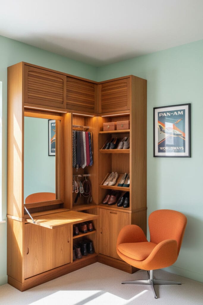 Dressing d'angle sur-mesure mid-century moderne en teck. Portes tambour, miroir à 45°, intérieur avec étagères à chaussures inclinées, rétroporte pliante en teck et range-cravates coulissant. Siège-œuf pivotant orange. Contraste entre le teck et les murs vert mentelle.