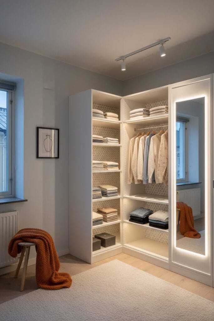 Dressing d'angle blanc chaud dans une chambre d'appartement scandinave aux murs gris-bleu. Organisation logique, vêtements neutres et bleu poudré. Éclairage avec rubans LED, spots orientables et miroir à cadre lumineux. Papier peint géométrique subtil, tableau minimaliste et plaide orange.