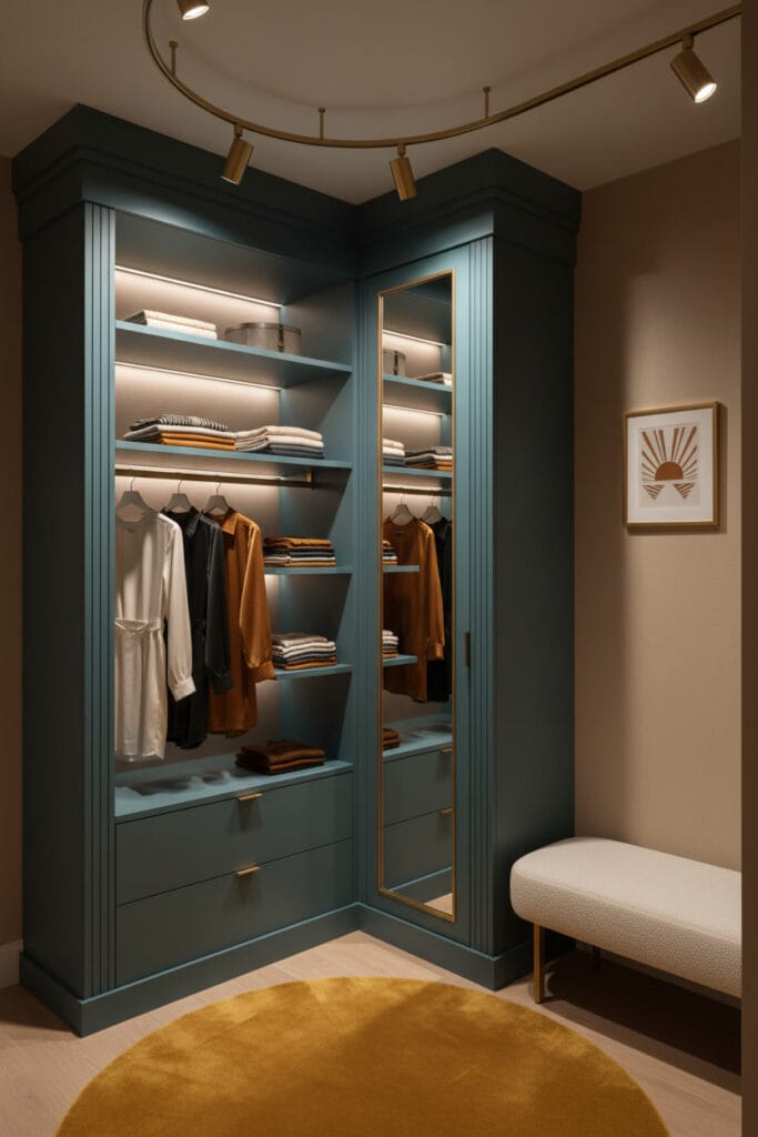 Dressing d'angle Art Deco laqué bleu-vert fumé dans un petit appartement aux murs beige sable. Porte miroir à cadre laiton, éclairage avec spots laiton orientables et rubans LED. Vêtements ivoire, gris et orange brûlé. Décor avec illustration géométrique vintage, tapis velours moutarde et banquette bouclé.