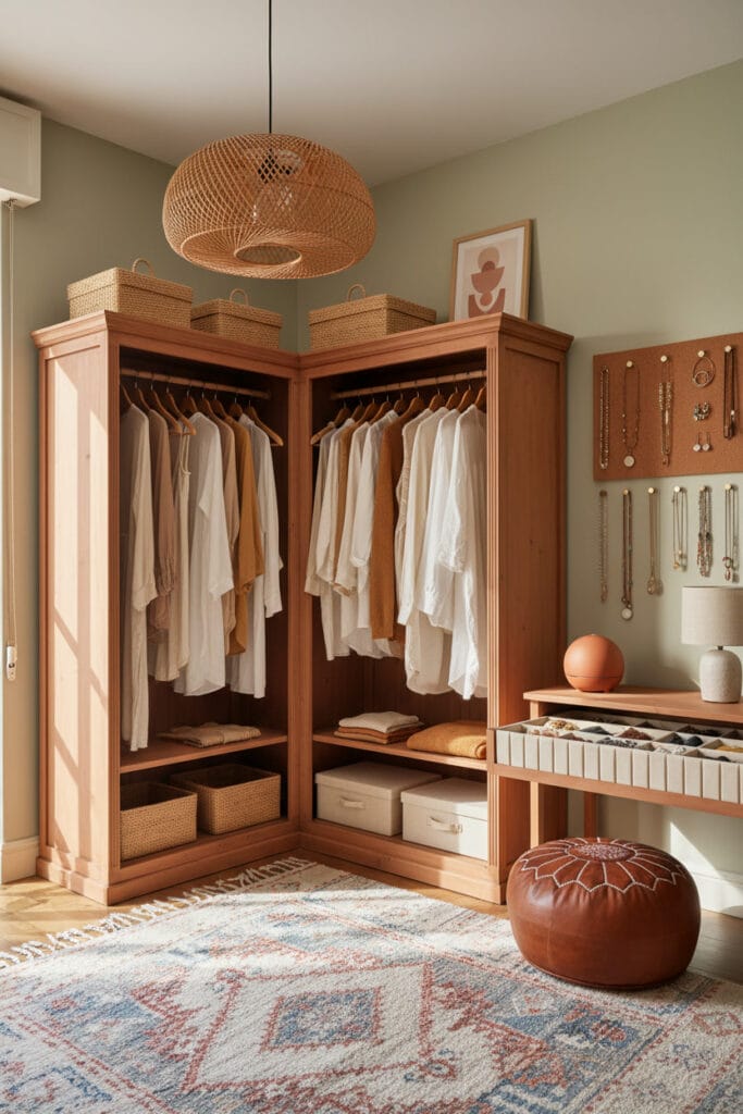 Dressing d'angle terracotta dans un appartement style méditerranéen boho aux murs vert olive. Organisation esthétique : vêtements groupés par couleur sur cintres bois, boîtes en rotin, porte-bijoux liège et séparateurs velours. Éclairage mixte soleil/lampe, tapis kilim, pouf cuir et diffuseur parfum.