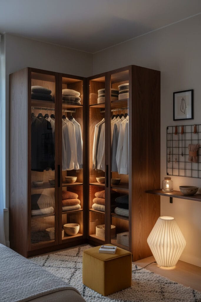 Dressing d'angle en noyer foncé dans un appartement moderne artisanal aux murs gris chaud. Organisation esthétique avec vêtements pliés par couleur derrière vitre, cintres métal noirs, panneau mural à lanières de cuir et bols en céramique. Éclairage LED intégré et lampe papier, tapis laine, pouf velours moutarde.