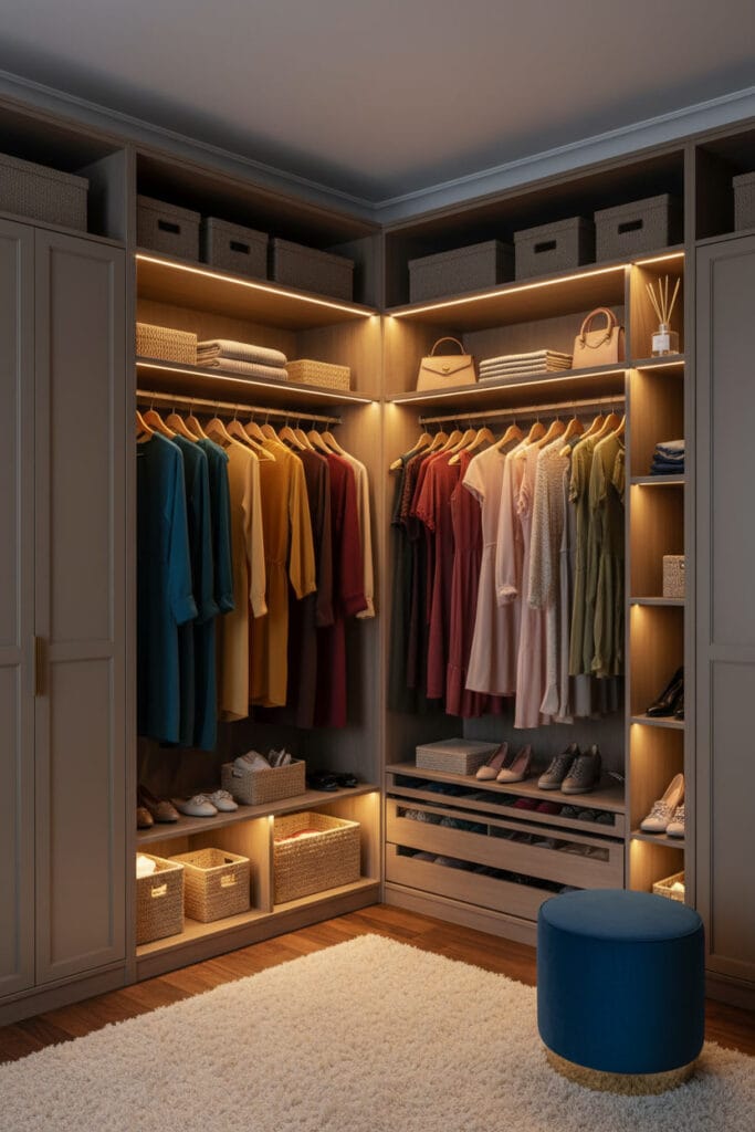Dressing d’angle complet avec rangements ouverts et fermés, vêtements regroupés par couleur sur cintres uniformes, tapis douillet, siège-pouf et diffuseur, éclairage tamisé de soirée