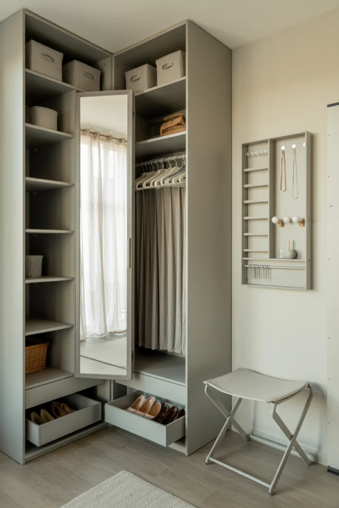 Dressing d'angle optimisé pour petit espace avec rangements intelligents et miroir agrandissant