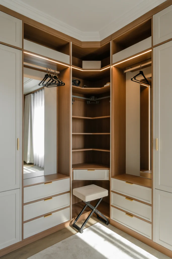 Dressing d'angle sur-mesure avec portes coulissantes à 45°, rangements tournants et éclairage intégré
