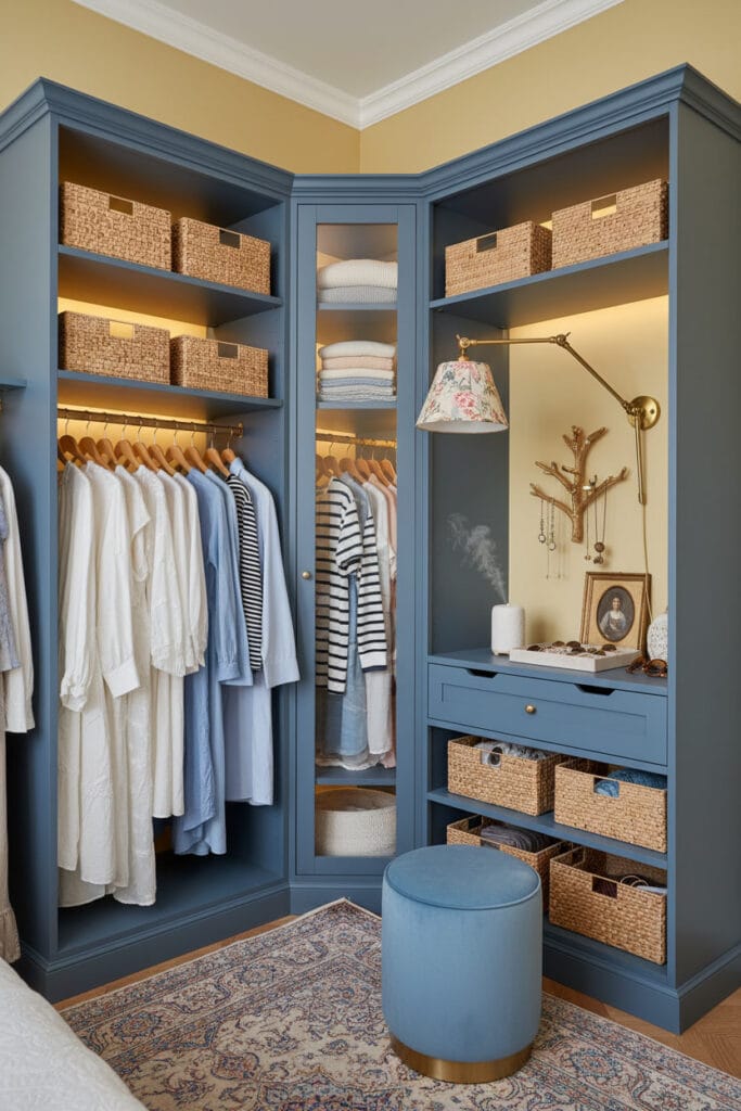 Dressing d'angle parfait bleu grisé dans un appartement aux murs jaune beurré, style coastal grandmillennial. Organisation avec vêtements triés par couleur sur cintres bois, mix ouvert/fermé, paniers rotin, organiseurs velours et porte-bijoux mural. Éclairage LED et applique laiton, tapis vintage, tabouret capitonné et diffuseur de parfum.