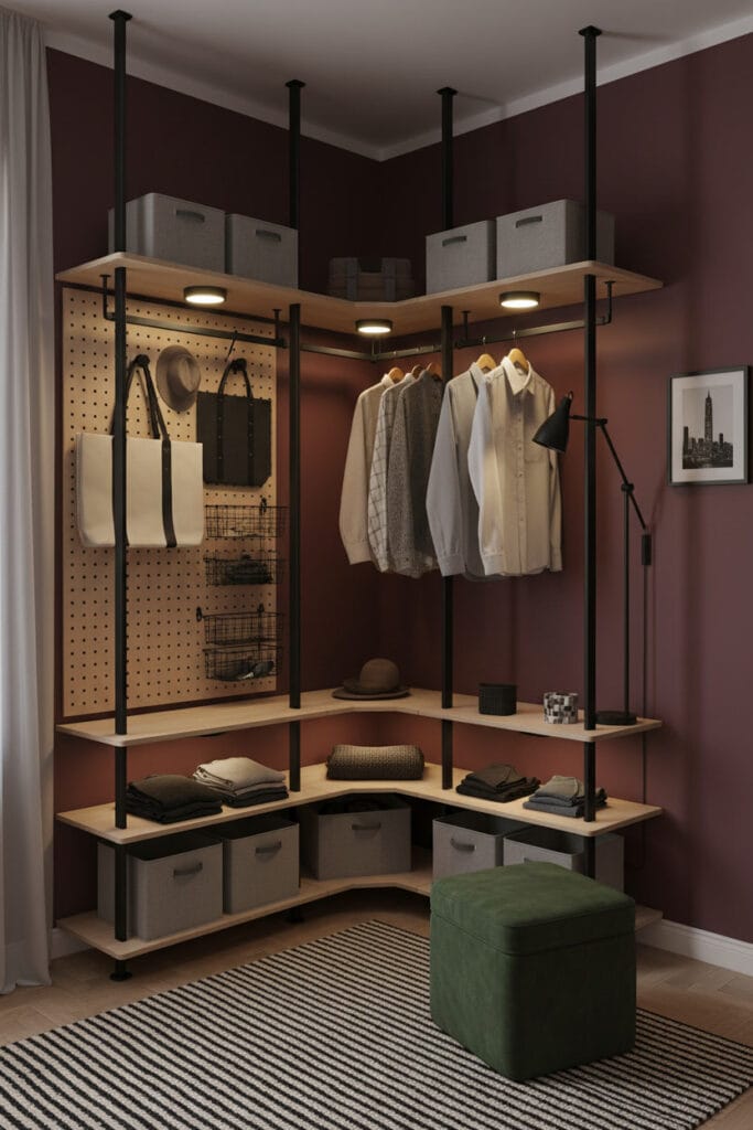 Système de dressing d'angle modulable en métal noir et contreplaqué bouleau, dans un appartement urbain aux murs bordeaux. Étagères réglables, panneau perforé avec crochets amovibles, tringle télescopique et paniers clipsables. Éclairage avec spots LED amovibles et lampe flexible, tapis géométrique, pouf cube vert.