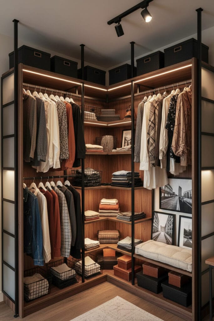 Dressing d’angle style industriel dans un appartement moderne, mêlant bois, métal et rangements élégants