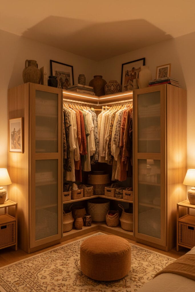 Dressing d’angle bohème et chaleureux avec rangements ouverts et couleurs naturelles