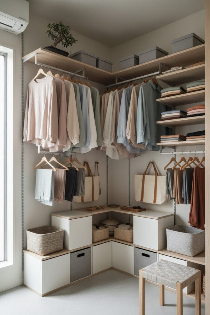 Dressing d’angle minimaliste avec rangement optimisé et étagères ajustables