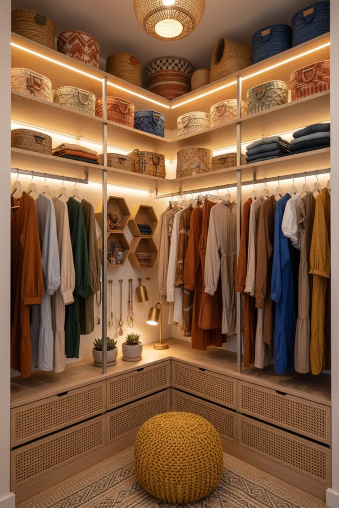 Dressing d’angle bohème moderne optimisé pour petites surfaces