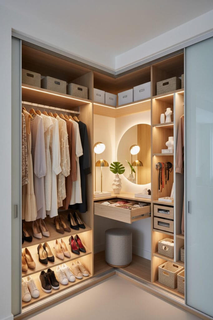 Dressing d’angle sur-mesure moderne avec rangement optimisé et modules personnalisés