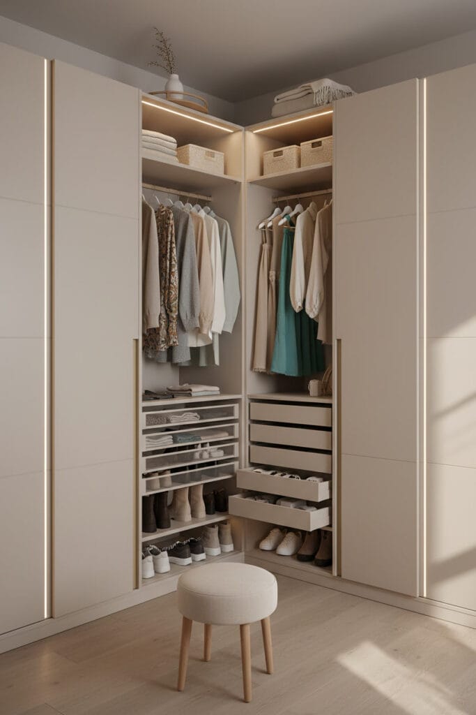 Dressing d’angle complet en style scandinave moderne, portes coulissantes fermées avec un léger aperçu des vêtements pastels à l’intérieur, éclairage LED intégré, tiroirs, étagères et accessoires organisés,