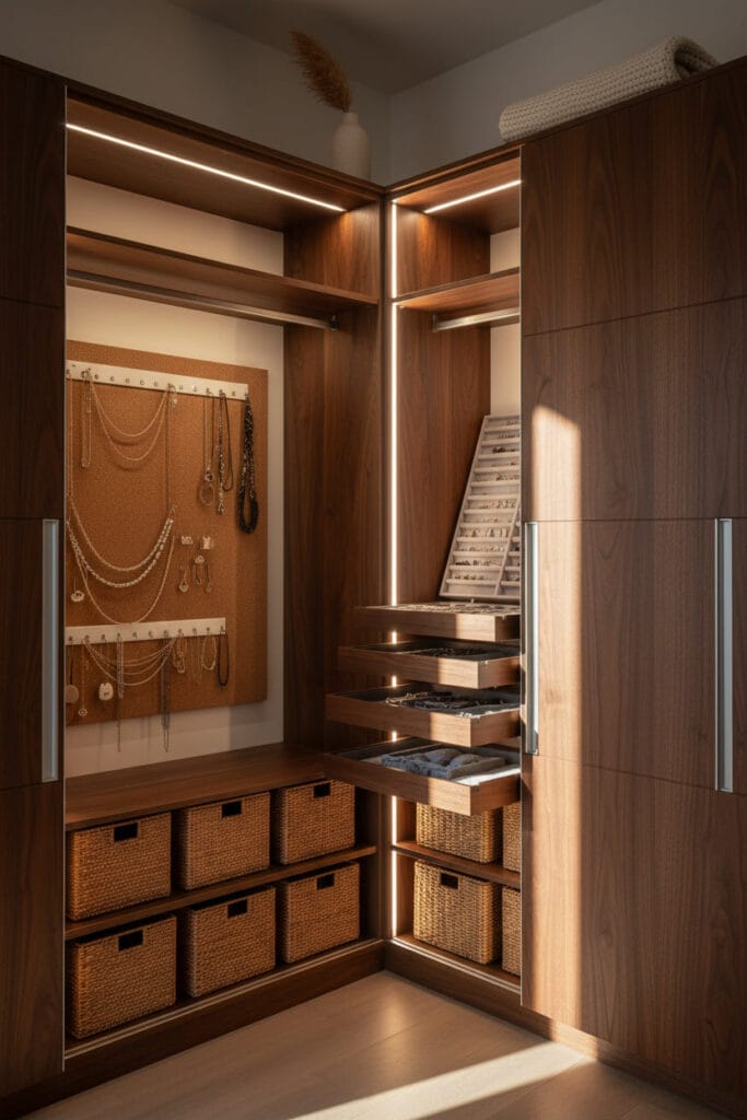 Dressing d’angle avec organisation esthétique, boîtes en rotin sur les étagères, séparateurs en velours dans les tiroirs et porte-bijoux mural, lumière douce de fin de journée