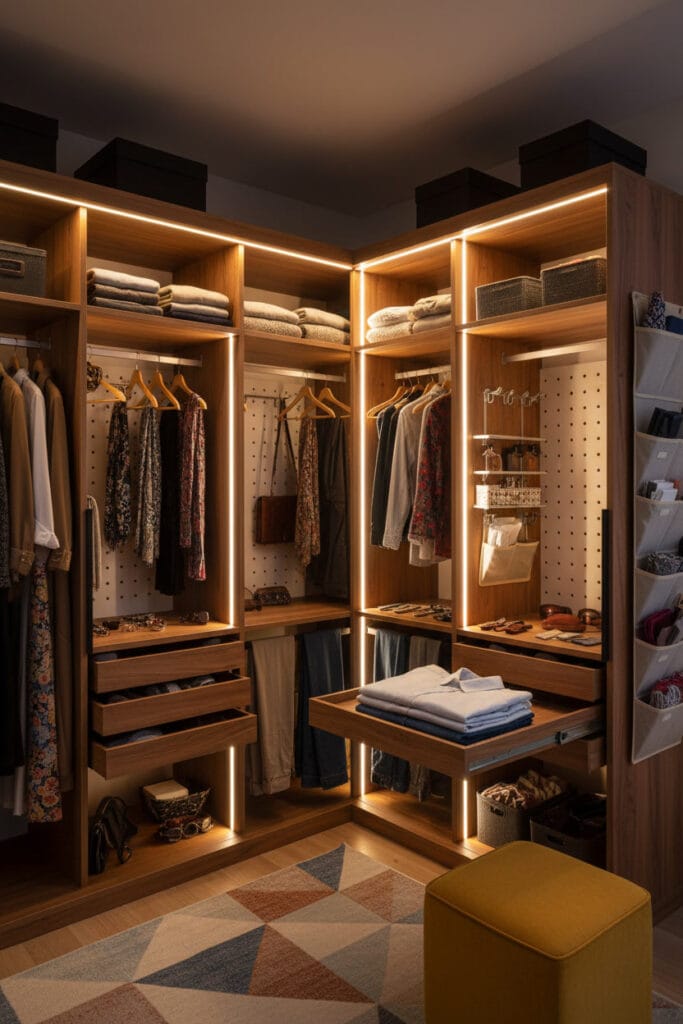 Dressing d’angle évolutif complet avec étagères réglables, crochets amovibles, séparateurs de tiroirs, panneaux perforés, tringles télescopiques et tablette escamotable, vêtements colorés organisés, éclairage LED tamisé