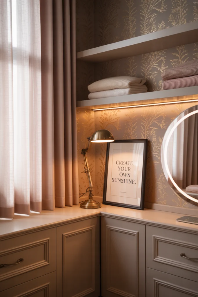 Dressing d'angle aux tons neutres et éclairage doux, avec miroir LED et touches pastel
