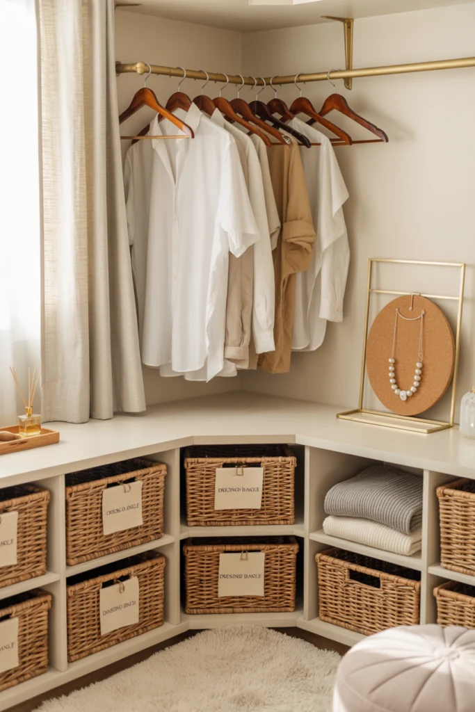 Dressing d'angle organisé avec rangements en rotin, cintres en bois et organisateurs en liège