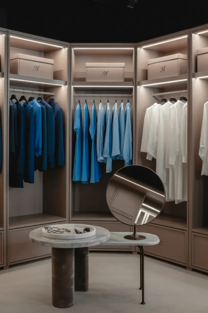 Dressing d'angle style boutique avec vêtements triés par couleur et présentoirs luxueux