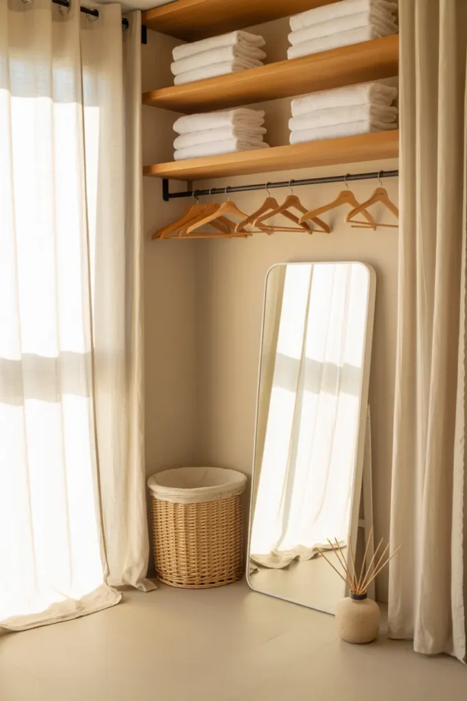 Dressing d'angle impeccable avec rangements en bois clair et miroir sans traces