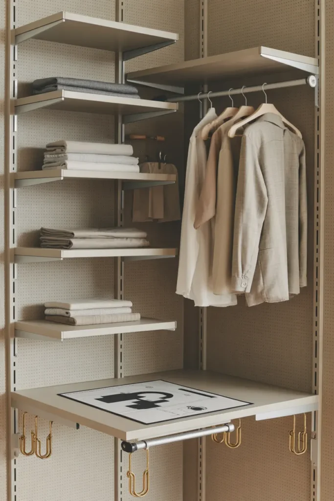 Dressing d'angle modulable avec étagères ajustables et rangements évolutifs