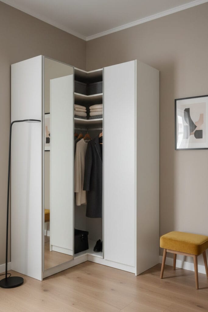 Dressing d'angle moderne blanc dans une petite chambre, illustrant les dimensions optimales : espace de 1x1m, étagère profonde, penderie haute et espace d'accès libre. Miroir agrandissant, éclairage suspendu et coussin jaune moutarde. dressing chambre