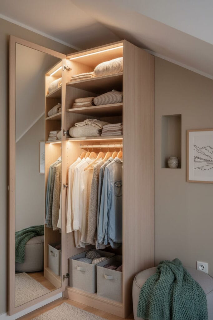 Dressing d'angle scandinave en L utilisant toute la hauteur. Intérieur éclairé aux LED présentant une garde-robe variée : pulls lavande, cardigan gris, chemise denim, chandails taupe. Miroir d'angle, niche et plaid vert d'eau.