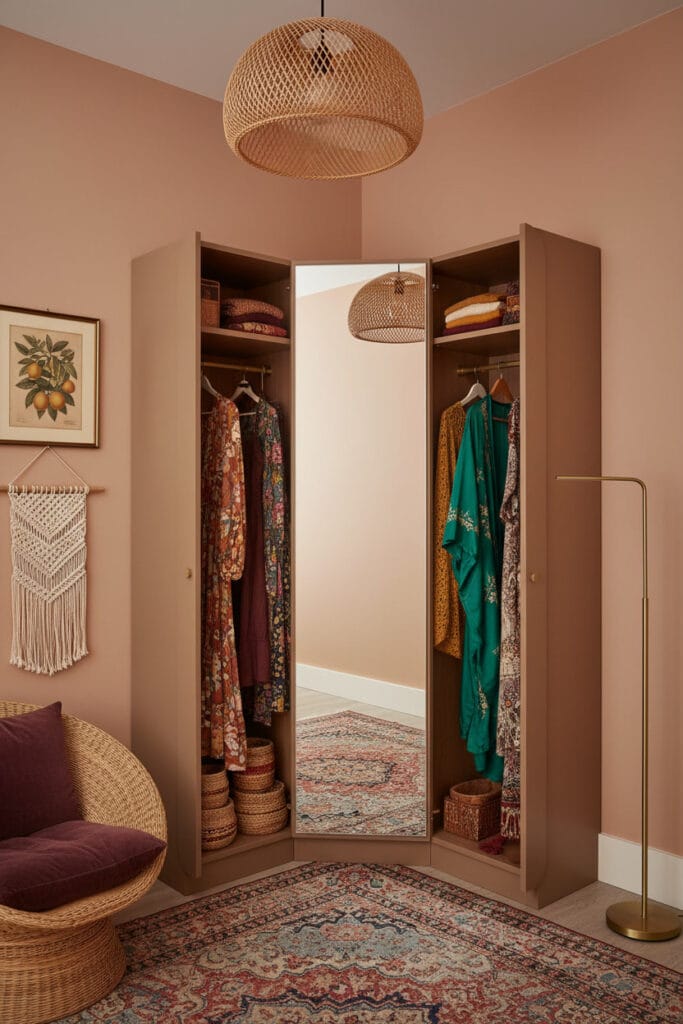 Dressing d'angle bohème chic en L aux coins arrondis et couleur taupe, intégré dans le coin d'une chambre. Grand miroir arqué central à l'angle, portes latérales, rangements en osier. Décoration avec chaise en rotin, coussin prune et macramé.
