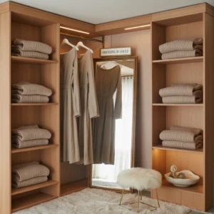 Dressing d'angle élégant et cosy avec rangements optimisés, miroir intégré et éclairage doux