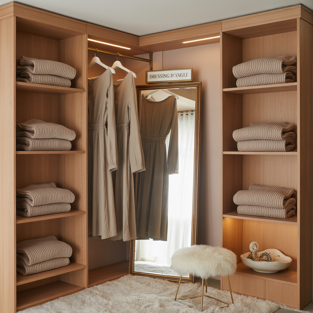 Dressing d'angle élégant et cosy avec rangements optimisés, miroir intégré et éclairage doux