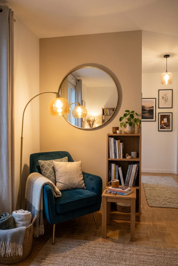 Miroir rond décoratif dans un coin lecture reflétant la lumière d'une lampe pour une ambiance douillette