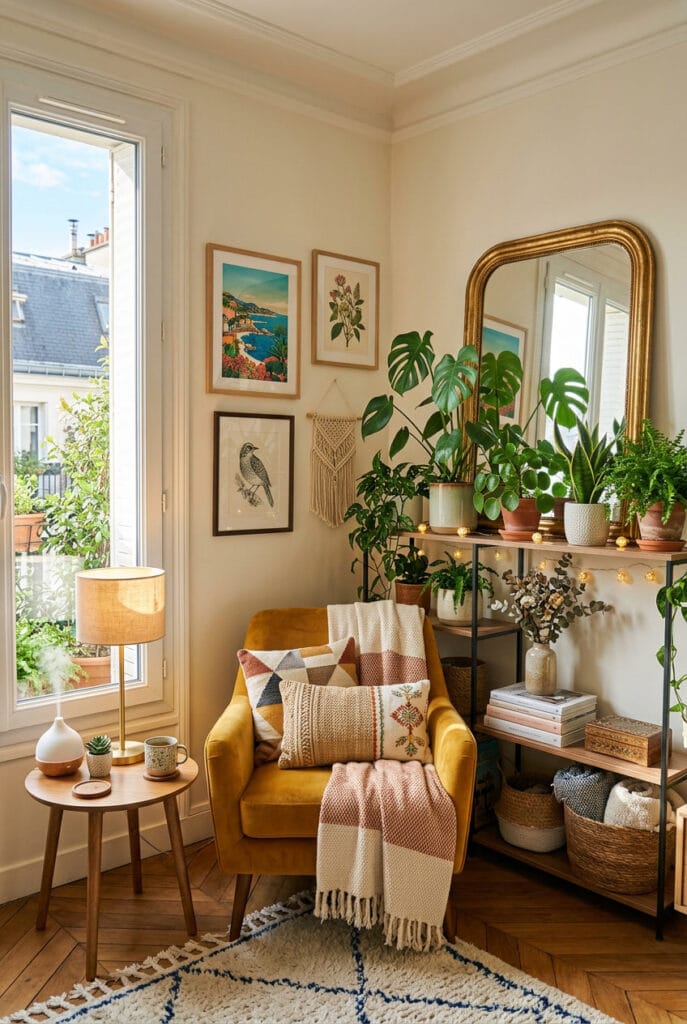 Miroir décoratif placé derrière une étagère à plantes pour magnifier une jungle urbaine intérieure