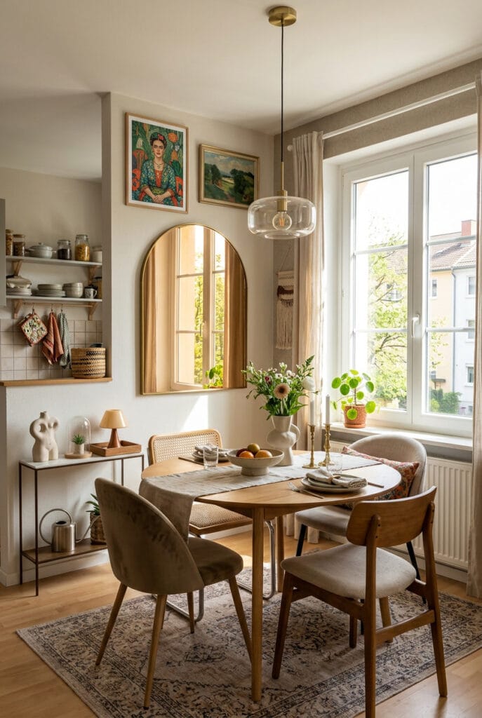 Miroir décoratif face à une fenêtre avec une lampe positionnée pour doubler la luminosité naturelle et artificielle