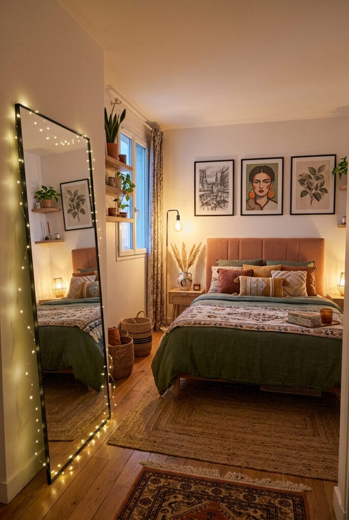 Miroir décoratif à cadre fin associé à des guirlandes lumineuses dans une chambre pour un effet étoilé