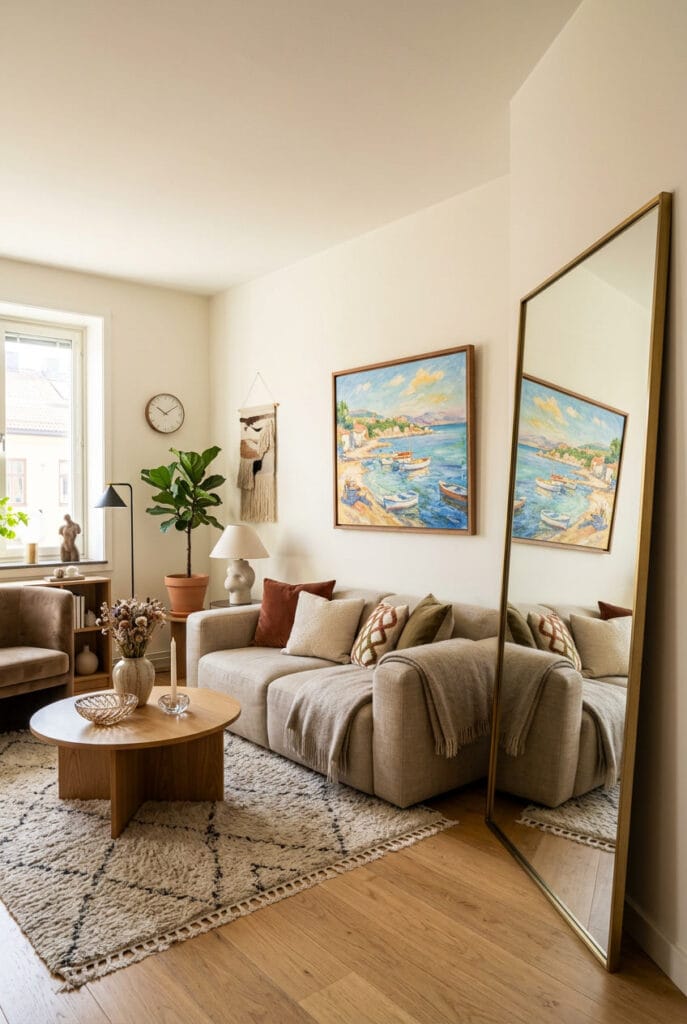 Miroir décoratif dans un salon reflétant une œuvre d'art et un canapé pour un espace plus accueillant