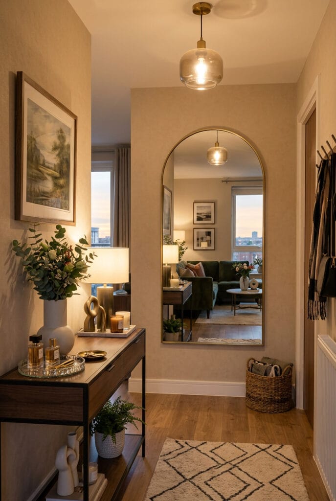 Miroir décoratif dans un hall créant un dialogue visuel entre les pièces décoratives de l'intérieur