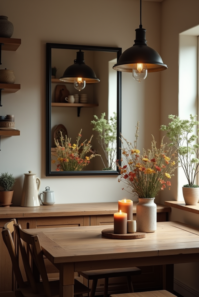 Miroir rectangulaire dans une cuisine cosy, reflétant une table décorée et agrandissant l'espace