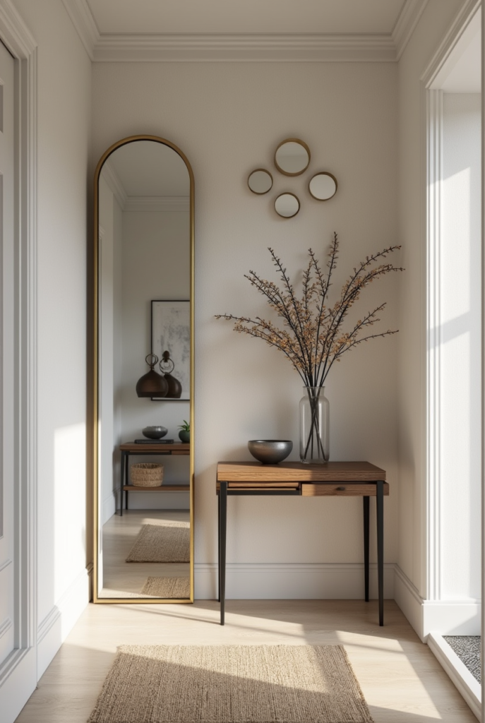 Miroir vertical et galerie murale dans une petite entrée, astuce pour agrandir visuellement l'espace