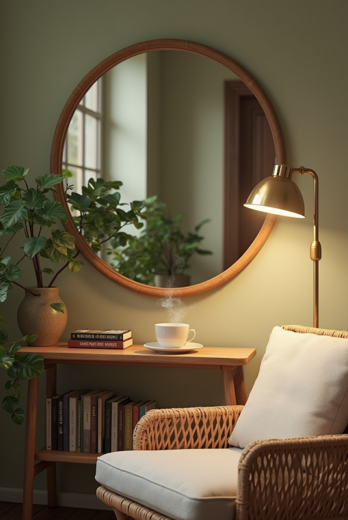 Miroir rond en rotin dans un coin lecture cosy, reflétant une lampe vintage et des plantes