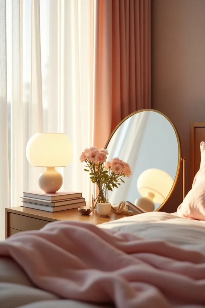 Miroir ovale doré dans une chambre, reflétant une lampe de chevet et créant une ambiance douce