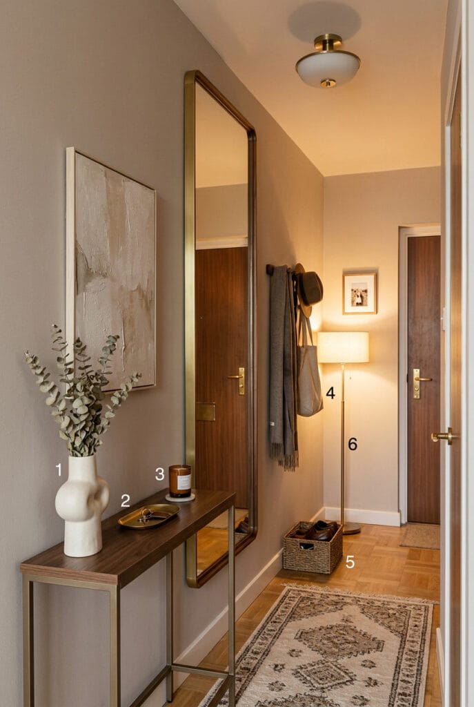Miroir décoratif vertical dans une entrée étroite pour agrandir et allonger visuellement l'espace