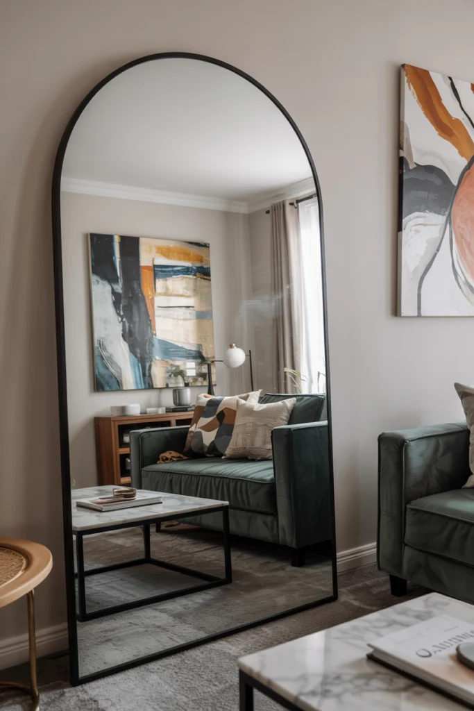 Miroir noir reflétant une œuvre d'art dans un salon cosy, effet d'agrandissement visuel